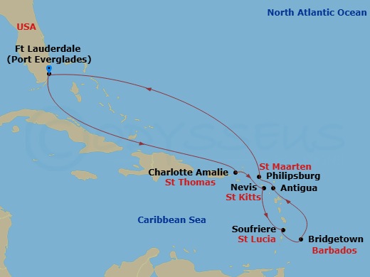 Route map: Ft. Lauderdale, Florida → St. Thomas, Virgin Islands → St. Kitts → St. Lucia → Barbados → Antigua → St. Maarten → Ft. Lauderdale, Florida