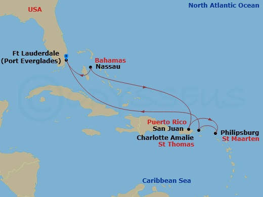 Route map: Fort Lauderdale, Florida → Charlotte Amalie, St. Thomas → Philipsburg, St. Maarten → San Juan, Puerto Rico → Nassau, Bahamas → Fort Lauderdale, Florida