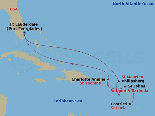 Route map: Fort Lauderdale, Florida → Charlotte Amalie, St. Thomas → St. Johns, Antigua → Castries, St. Lucia → Philipsburg, St. Maarten → Fort Lauderdale, Florida