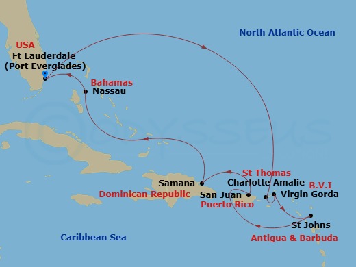 Route map: Fort Lauderdale → St. Thomas → Virgin Gorda → St. John's → San Juan → Samana → Nassau (Paradise Island) → Fort Lauderdale