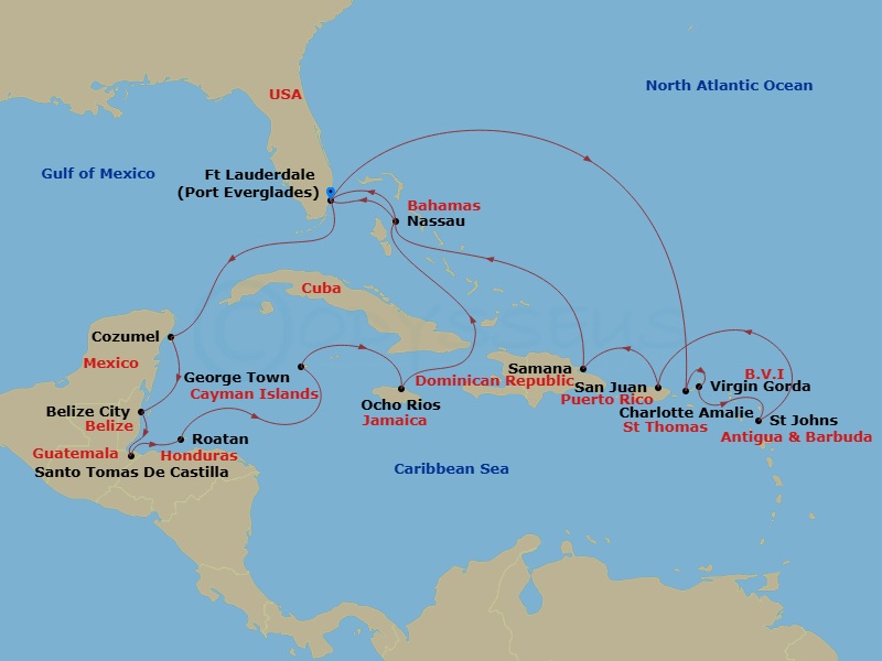 Route map: Fort Lauderdale → St. Thomas → Virgin Gorda → St. John's → San Juan → Samana → Nassau (Paradise Island) → Fort Lauderdale → Cozumel Quintana Roo → Belize City