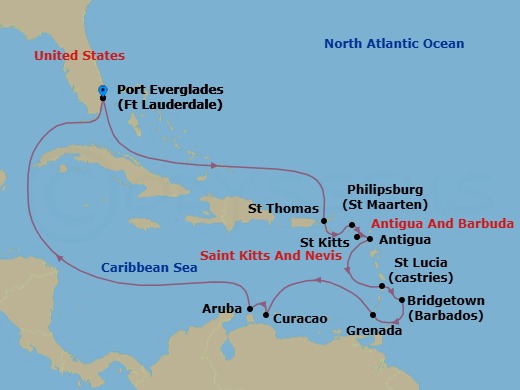 Route map: Ft. Lauderdale, Florida → St. Thomas, Virgin Islands → St. Maarten → St. Kitts → Antigua → St. Lucia → Barbados → Grenada → Curacao → Aruba