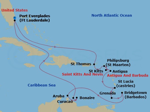 Route map: Ft. Lauderdale, Florida → St. Thomas, Virgin Islands → St. Maarten → St. Kitts → Antigua → St. Lucia → Grenada → Barbados → Aruba → Bonaire, Caribbean Netherlands