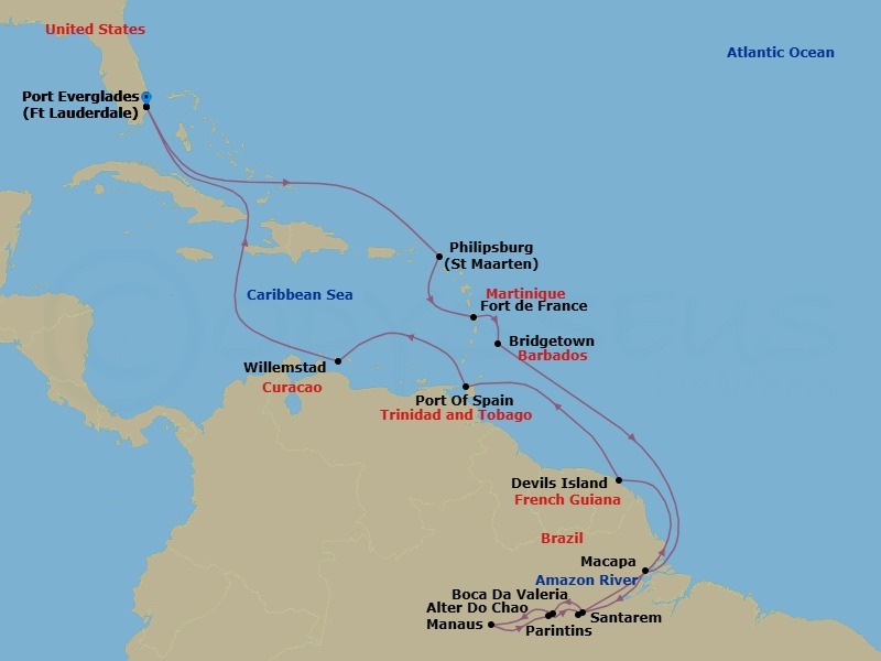 Route map: Fort Lauderdale, Florida, US → Philipsburg, Sint Maarten → Fort-De-France, Martinique → Bridgetown, Barbados → Crossing the Amazon River Bar, Brazil → Macapa, Brazil → Crossing the Equator → Santarem, Brazil → Boca da Valeria, Brazil → Manaus, Brazil
