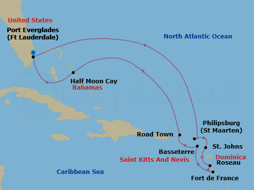 Route map: Fort Lauderdale, Florida, US → Philipsburg, Sint Maarten → St. Johns, Antigua and Barbuda → Roseau, Dominica → Fort-De-France, Martinique → Basseterre, St Kitts and Nevis → Road Town (Tortola), British Virgin Islands → RelaxAway Half Moon Cay, Bahamas → Fort Lauderdale, Florida, US