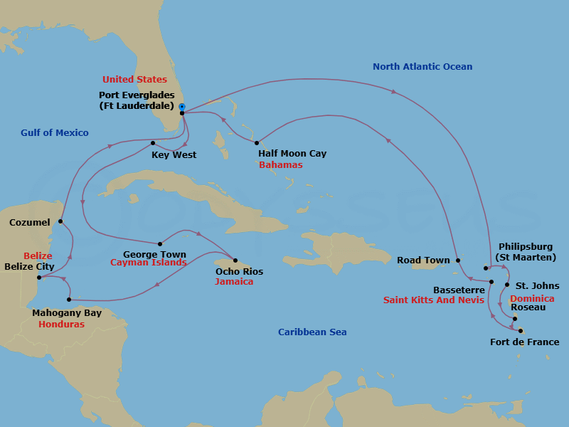 Route map: Fort Lauderdale, Florida, US → Philipsburg, Sint Maarten → St. Johns, Antigua and Barbuda → Roseau, Dominica → Fort-De-France, Martinique → Basseterre, St Kitts and Nevis → Road Town (Tortola), British Virgin Islands → RelaxAway Half Moon Cay, Bahamas → Fort Lauderdale, Florida, US → Key West, Florida, US