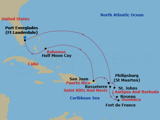 Route map: Fort Lauderdale, Florida, US → Philipsburg, Sint Maarten → St. Johns, Antigua and Barbuda → Roseau, Dominica → Fort-De-France, Martinique → Basseterre, St Kitts and Nevis → San Juan, Puerto Rico → RelaxAway Half Moon Cay, Bahamas → Fort Lauderdale, Florida, US