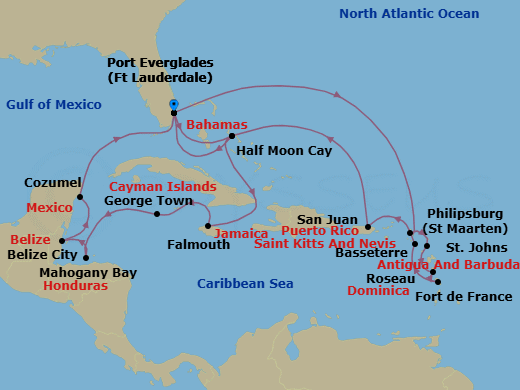 Route map: Fort Lauderdale, Florida, US → Philipsburg, Sint Maarten → St. Johns, Antigua and Barbuda → Roseau, Dominica → Fort-De-France, Martinique → Basseterre, St Kitts and Nevis → San Juan, Puerto Rico → RelaxAway Half Moon Cay, Bahamas → Fort Lauderdale, Florida, US → RelaxAway Half Moon Cay, Bahamas
