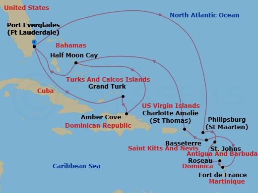 Route map: Fort Lauderdale, Florida, US → Philipsburg, Sint Maarten → St. Johns, Antigua and Barbuda → Roseau, Dominica → Fort-De-France, Martinique → Basseterre, St Kitts and Nevis → St. Thomas, U.S.V.I. → RelaxAway Half Moon Cay, Bahamas → Fort Lauderdale, Florida, US → Grand Turk, Turks and Caicos