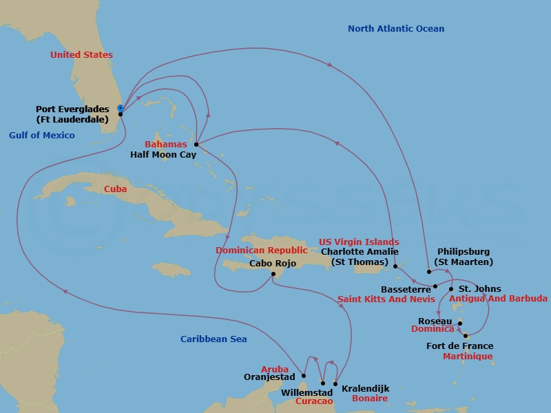 Route map: Fort Lauderdale, Florida, US → Philipsburg, Sint Maarten → St. Johns, Antigua and Barbuda → Roseau, Dominica → Fort-De-France, Martinique → Basseterre, St Kitts and Nevis → St. Thomas, U.S.V.I. → RelaxAway Half Moon Cay, Bahamas → Fort Lauderdale, Florida, US → RelaxAway Half Moon Cay, Bahamas