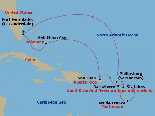 Route map: Fort Lauderdale, Florida, US → Philipsburg, Sint Maarten → St. Johns, Antigua and Barbuda → Fort-De-France, Martinique → Basseterre, St Kitts and Nevis → San Juan, Puerto Rico → RelaxAway Half Moon Cay, Bahamas → Fort Lauderdale, Florida, US