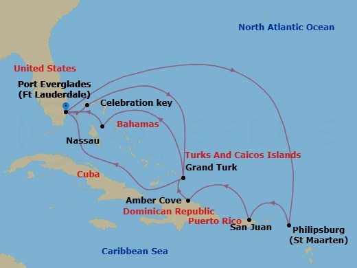 Route map: Ft. Lauderdale, Florida → St. Maarten → San Juan, Puerto Rico → Amber Cove, Dominican Republic → Grand Turk, Turks & Caicos → Ft. Lauderdale, Florida → Celebration Key, Bahamas → Grand Turk, Turks & Caicos → Nassau, Bahamas → Ft. Lauderdale, Florida