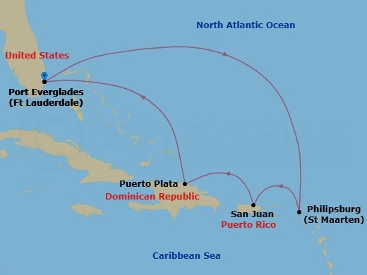 Route map: Fort Lauderdale, Florida → Philipsburg, St. Maarten → San Juan, Puerto Rico → Puerto Plata, Dominican Rep → Fort Lauderdale, Florida