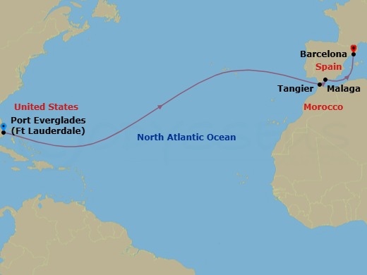 Route map: Fort Lauderdale, Florida, US → Tangier, Morocco → Malaga, Spain → Barcelona, Spain