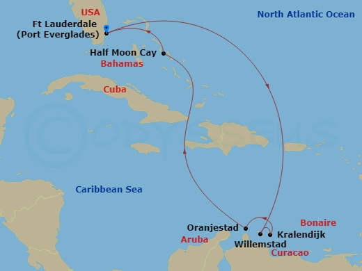 Route map: Fort Lauderdale, Florida, US → Willemstad, Curacao → Kralendijk, Bonaire → Oranjestad, Aruba → RelaxAway Half Moon Cay, Bahamas → Fort Lauderdale, Florida, US