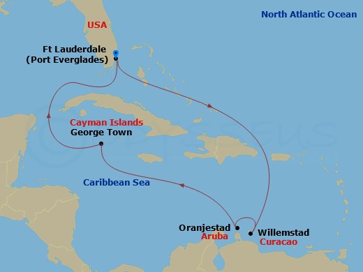 Route map: Fort Lauderdale, Florida → Willemstad, Curacao → Oranjestad, Aruba → George Town, Grand Cayman → Fort Lauderdale, Florida