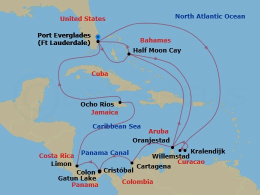 Route map: Ft Lauderdale (Port Everglades) → Willemstad → Kralendijk Bonaire → Oranjestad → Half Moon Cay, The Bahamas → Ft Lauderdale (Port Everglades) → Half Moon Cay, The Bahamas → Oranjestad → Cartagena → Cristóbal
