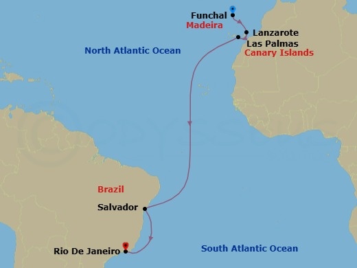 Route map: Funchal (Madeira Is) Portugal → Arrecife de Lanzarote (Canary Is) Spain → Las Palmas de GCanaria (Canary Is) Spain → Salvador Brazil → Rio de Janeiro Brazil
