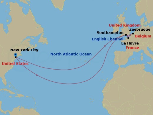 Route map: New York, NY, USA → Southampton, England, UK → Le Havre, France → Zeebrugge (tours to Bruges), Belgium → Southampton, England, UK → New York, NY, USA