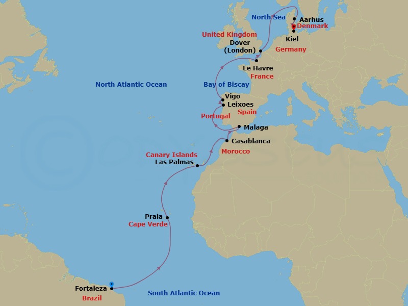 Route map: FORTALEZA → PRAIA → Las Palmas (Gran Canaria) → Casablanca → Malaga → Leixes (Porto) → Vigo → Le Havre → Dover (London) → Aarhus