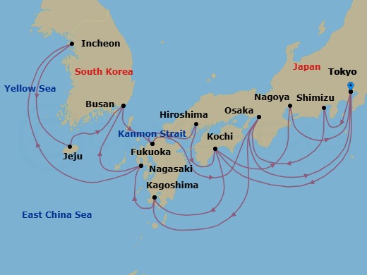 Route map: Tokyo → Shimizu → Osaka → Kagoshima → Nagasaki → Busan → Fukuoka → Busan (Pusan), South Korea → Hiroshima → Kochi