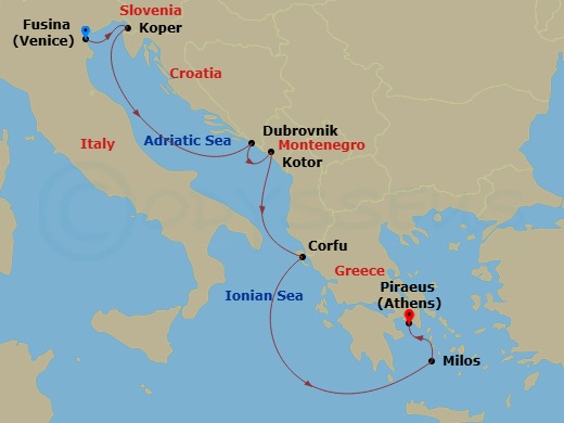 Route map: Fusina (Venice) → Koper → Dubrovnik → Kotor → Corfu → Milos → Piraeus (Athens)