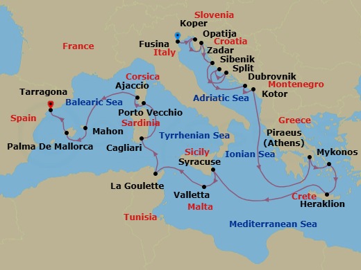 Route map: Venice (Fusina) → Koper → Opatija → Zadar → Split → Sibenik → Dubrovnik → Kotor → Athens (Piraeus) → Mykonos