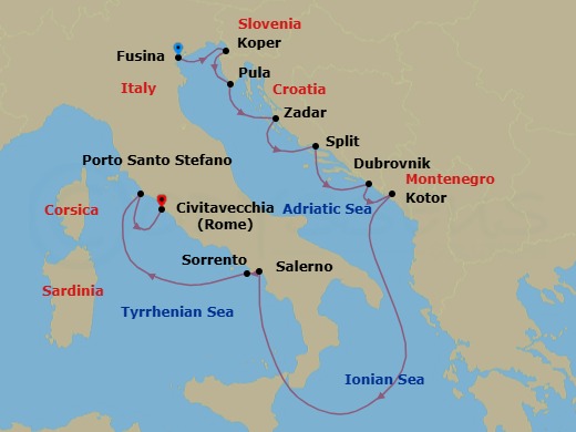 Route map: Fusina → Koper → Pula → Zadar → Split → Dubrovnik → Kotor → Salerno → Sorrento → Porto Santo Stefano