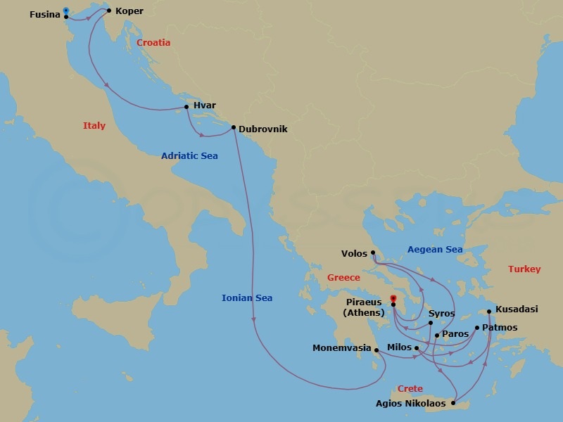 Route map: Fusina (Venice) → Koper → Hvar → Dubrovnik → Monemvasia → Syros (Syra) → Piraeus (Athens) → Volos → Paros → Agios Nikolaos (Crete)