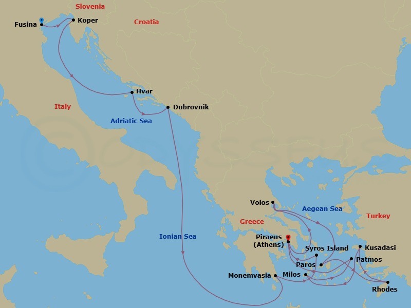 Route map: Fusina (Venice) → Koper → Hvar → Dubrovnik → Monemvasia → Syros (Syra) → Piraeus (Athens) → Volos → Paros → Rhodes