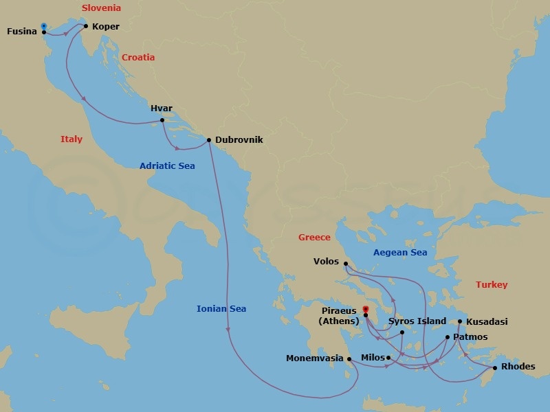 Route map: Fusina (Venice) → Koper → Hvar → Dubrovnik → Monemvasia → Syros (Syra) → Piraeus (Athens) → Volos → Rhodes → Kusadasi