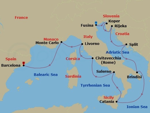 Route map: Venice (Fusina) → Koper → Rijeka → Split → Brindisi → Catania (Sicily) → Salerno → Rome (Civitavecchia) → Tuscany (Livorno) → Monte Carlo