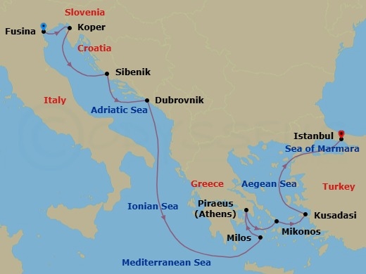 Route map: Venice (Fusina) → Koper → Sibenik → Dubrovnik → Milos → Athens (Piraeus) → Mykonos → Kusadasi → Istanbul