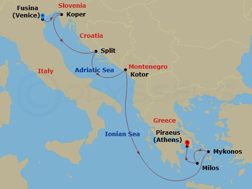 Route map: Fusina (Venice) → Koper → Split → Kotor → Mykonos → Milos → Piraeus (Athens)