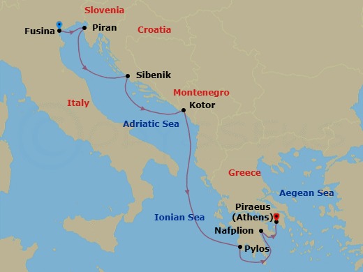 Route map: Fusina (Venice), Italy → Piran, Slovenia → Vodice (Sibenik), Croatia → Kotor, Montenegro → Pylos, Greece → Nafplion, Greece → Piraeus (Athens), Greece