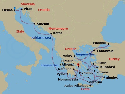 Route map: Fusina (Venice), Italy → Piran, Slovenia → Vodice (Sibenik), Croatia → Kotor, Montenegro → Pylos, Greece → Nafplion, Greece → Piraeus (Athens), Greece → Monemvasia, Greece → Agios Nikolaos, Crete, Greece → Mykonos, Greece