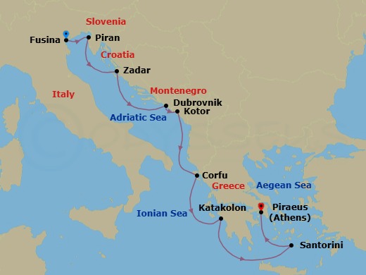Route map: Venice (Fusina) → Piran → Zadar → Dubrovnik → Kotor → Corfu (Kerkyra) → Katakolon (Olympia) → Santorini (Thira) → Athens (Piraeus)