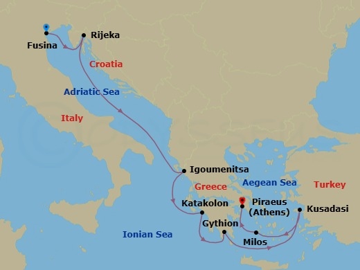 Route map: Venice (Fusina) → Rijeka → Igoumenitsa → Katakolon → Gythion → Kusadasi → Milos → Athens (Piraeus)