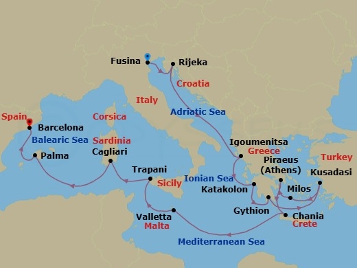 Route map: Venice (Fusina) → Rijeka → Igoumenitsa → Katakolon → Gythion → Kusadasi → Milos → Athens (Piraeus) → Chania (Crete) → Valletta