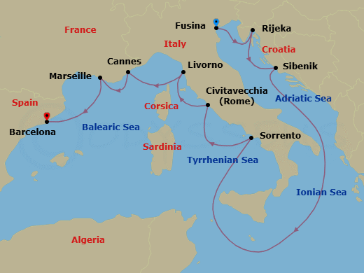 Route map: Fusina (Venice) → Rijeka → Sibenik → Sorrento → Civitavecchia (Rome) → Livorno (Tuscany) → Cannes → Marseille → Barcelona