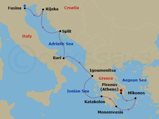 Route map: Venice (Fusina) → Rijeka → Split → Bari → Igoumenitsa → Katakolon → Monemvasia → Mykonos → Athens (Piraeus)