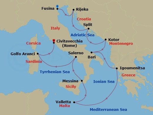 Route map: Venice (Fusina) → Rijeka → Split → Kotor → Bari → Igoumenitsa → Valletta → Messina (Sicily) → Salerno → Golfo Aranci(Sardinia)