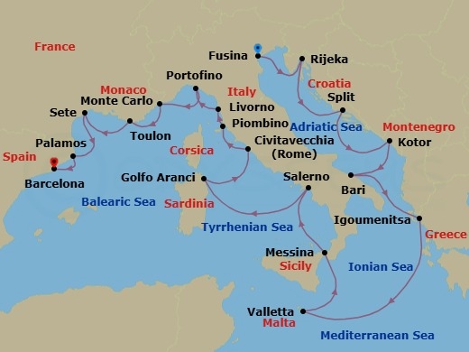 Route map: Venice (Fusina) → Rijeka → Split → Kotor → Bari → Igoumenitsa → Valletta → Messina (Sicily) → Salerno → Golfo Aranci(Sardinia)