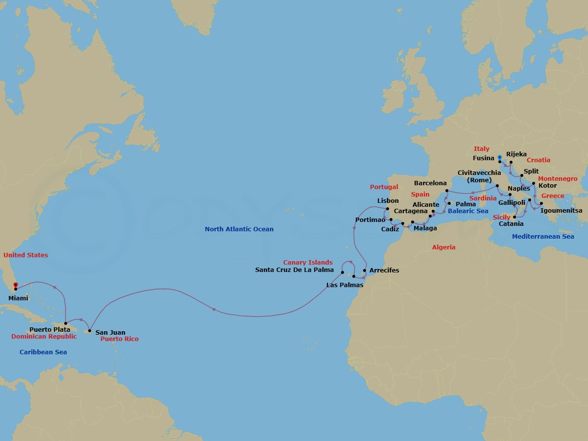 Route map: Venice (Fusina) → Rijeka → Split → Kotor → Igoumenitsa → Gallipoli → Catania (Sicily) → Naples/Pompeii → Rome (Civitavecchia) → Barcelona