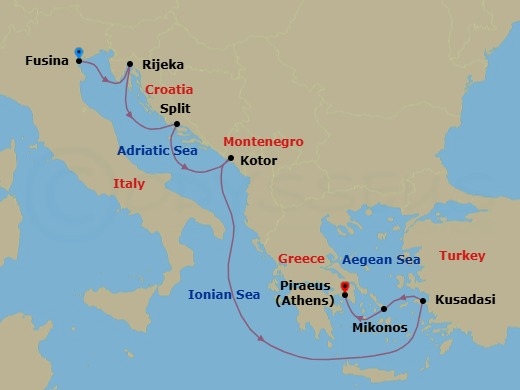 Route map: Venice (Fusina) → Rijeka → Split → Kotor → Kusadasi → Mykonos → Athens (Piraeus)