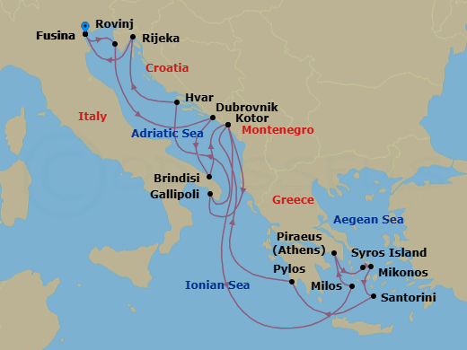 Route map: Fusina (Venice) → Rovinj → Dubrovnik → Brindisi → Kotor → Milos → Piraeus (Athens) → Syros (Syra) → Mykonos → Santorini