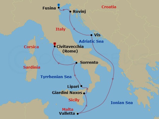 Route map: Fusina (Venice), Italy → Rovinj, Croatia → Vis Island, Croatia → Valletta, Malta → Giardini Naxos (Taormina), Italy → Lipari, Italy → Sorrento, Italy → Civitavecchia (Rome), Italy