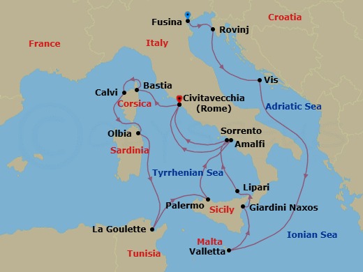 Route map: Fusina (Venice), Italy → Rovinj, Croatia → Vis Island, Croatia → Valletta, Malta → Giardini Naxos (Taormina), Italy → Lipari, Italy → Sorrento, Italy → Civitavecchia (Rome), Italy → Bastia, Corsica, France → Calvi, Corsica, France
