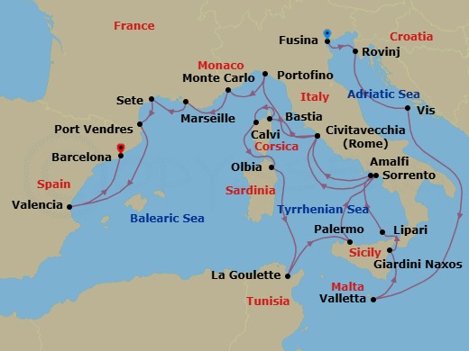 Route map: Fusina (Venice), Italy → Rovinj, Croatia → Vis Island, Croatia → Valletta, Malta → Giardini Naxos (Taormina), Italy → Lipari, Italy → Sorrento, Italy → Civitavecchia (Rome), Italy → Bastia, Corsica, France → Calvi, Corsica, France