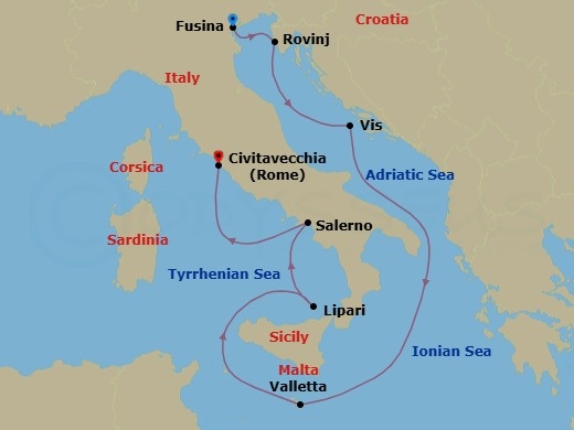 Route map: Fusina (Venice), Italy → Rovinj, Croatia → Vis Island, Croatia → Valletta, Malta → Lipari, Italy → Salerno, Italy → Civitavecchia (Rome), Italy